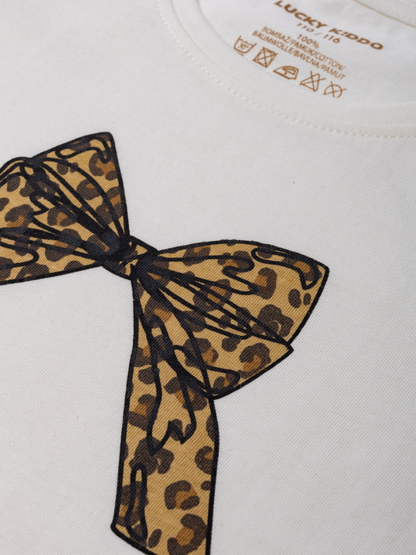 Leopard Bow Off White | Dívčí triko s krátkými rukávy