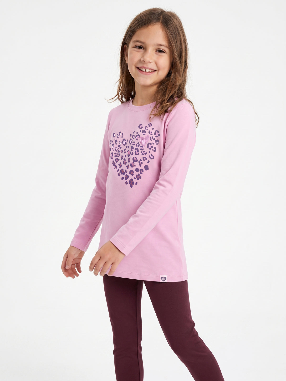 Pink Leopard Heart | Dívčí tunika s dlouhými rukávy - klasický střih