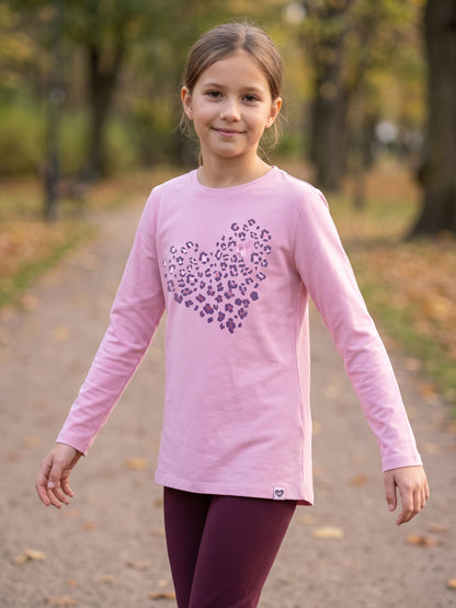 Pink Leopard Heart | Dívčí tunika s dlouhými rukávy - klasický střih
