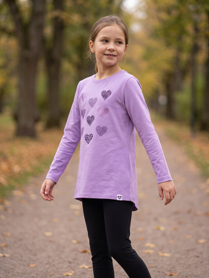 Lilac Shiny Hearts | Dívčí tunika s dlouhými rukávy - klasický střih