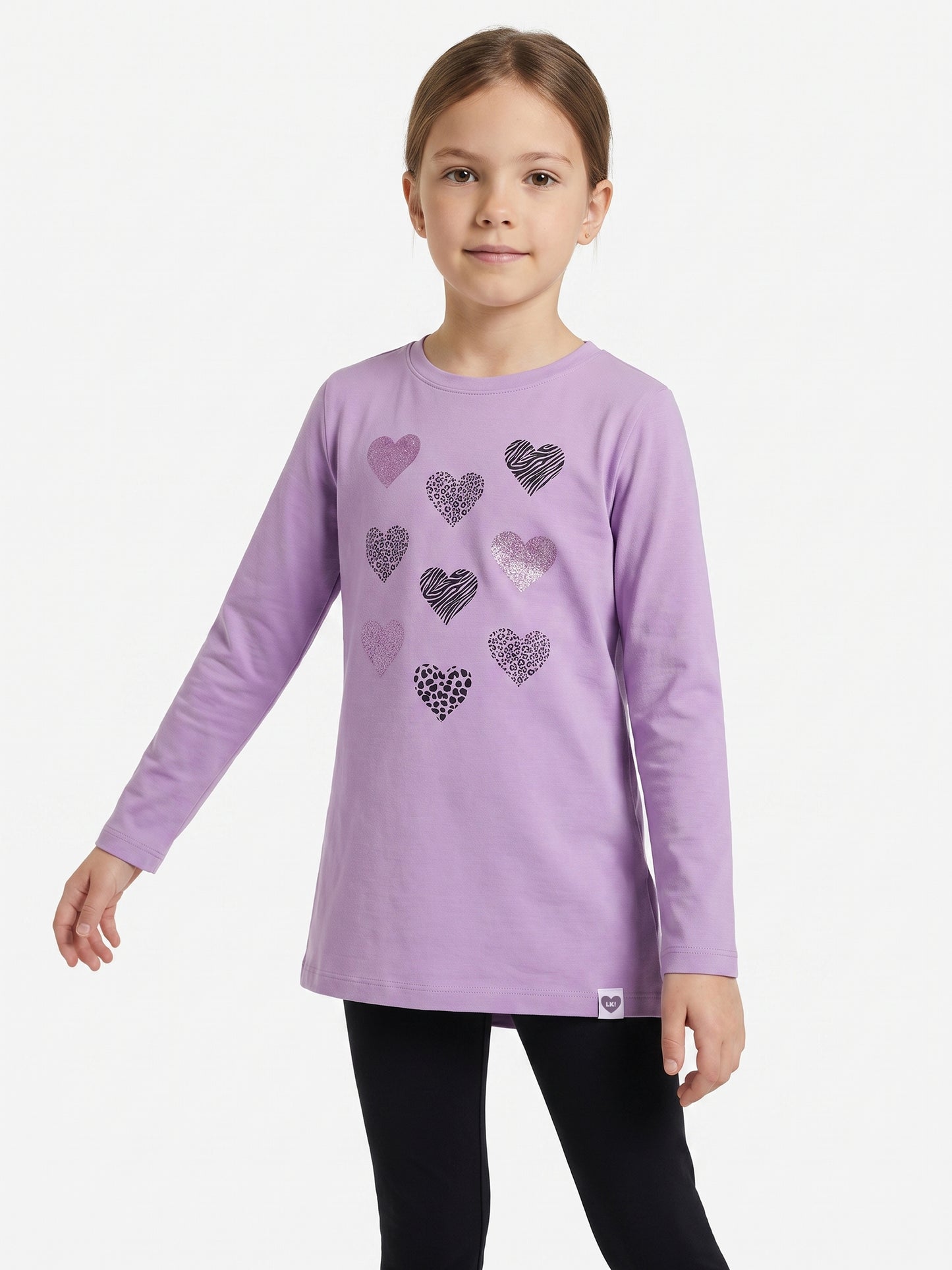 Lilac Shiny Hearts | Dívčí tunika s dlouhými rukávy - klasický střih
