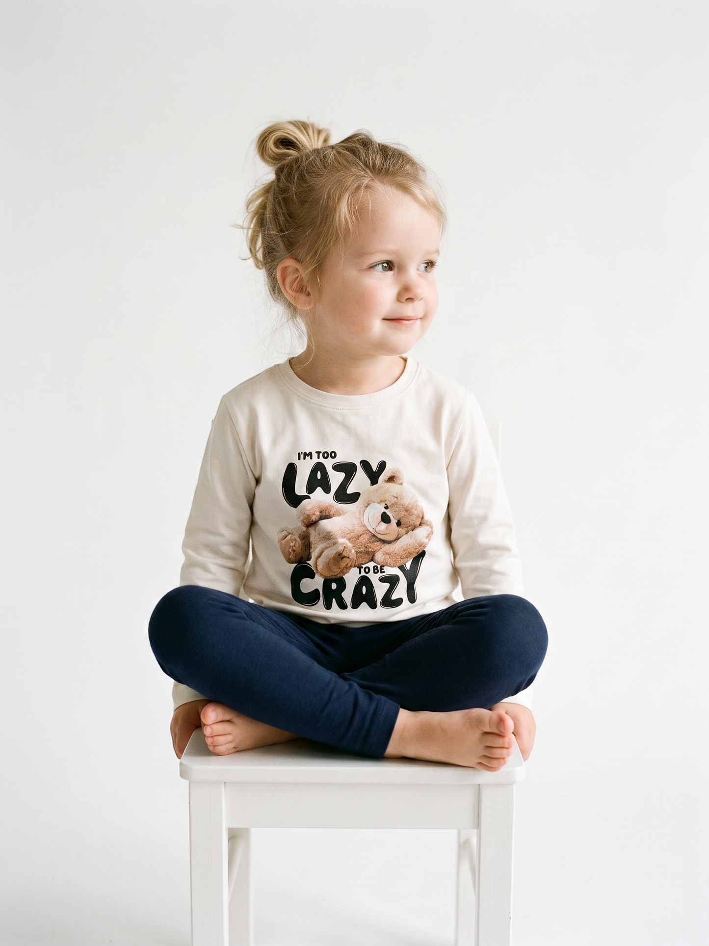 White Lazy Teddy | Dívčí tričko s dlouhými rukávy - volný střih