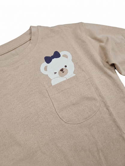 Beige Pocket Teddy | Dívčí tričko s dlouhými rukávy - volný střih