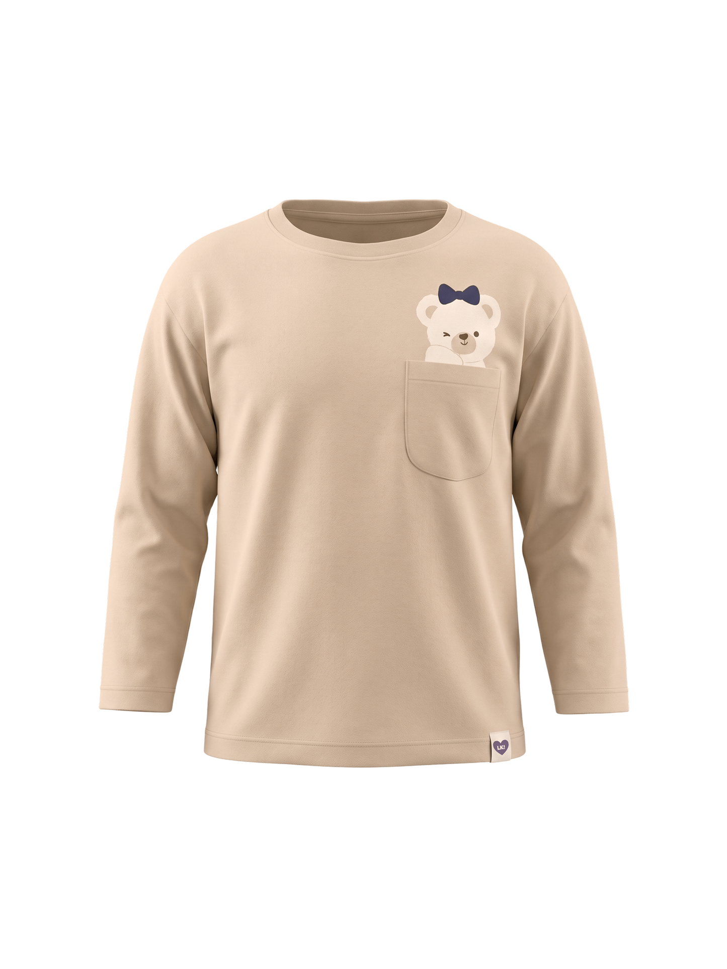 Beige Pocket Teddy | Dívčí tričko s dlouhými rukávy - volný střih