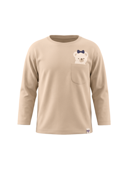 Beige Pocket Teddy | Dívčí tričko s dlouhými rukávy - volný střih