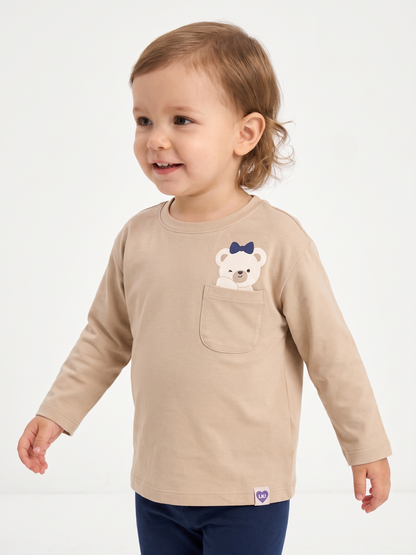Beige Pocket Teddy | Dívčí tričko s dlouhými rukávy - volný střih