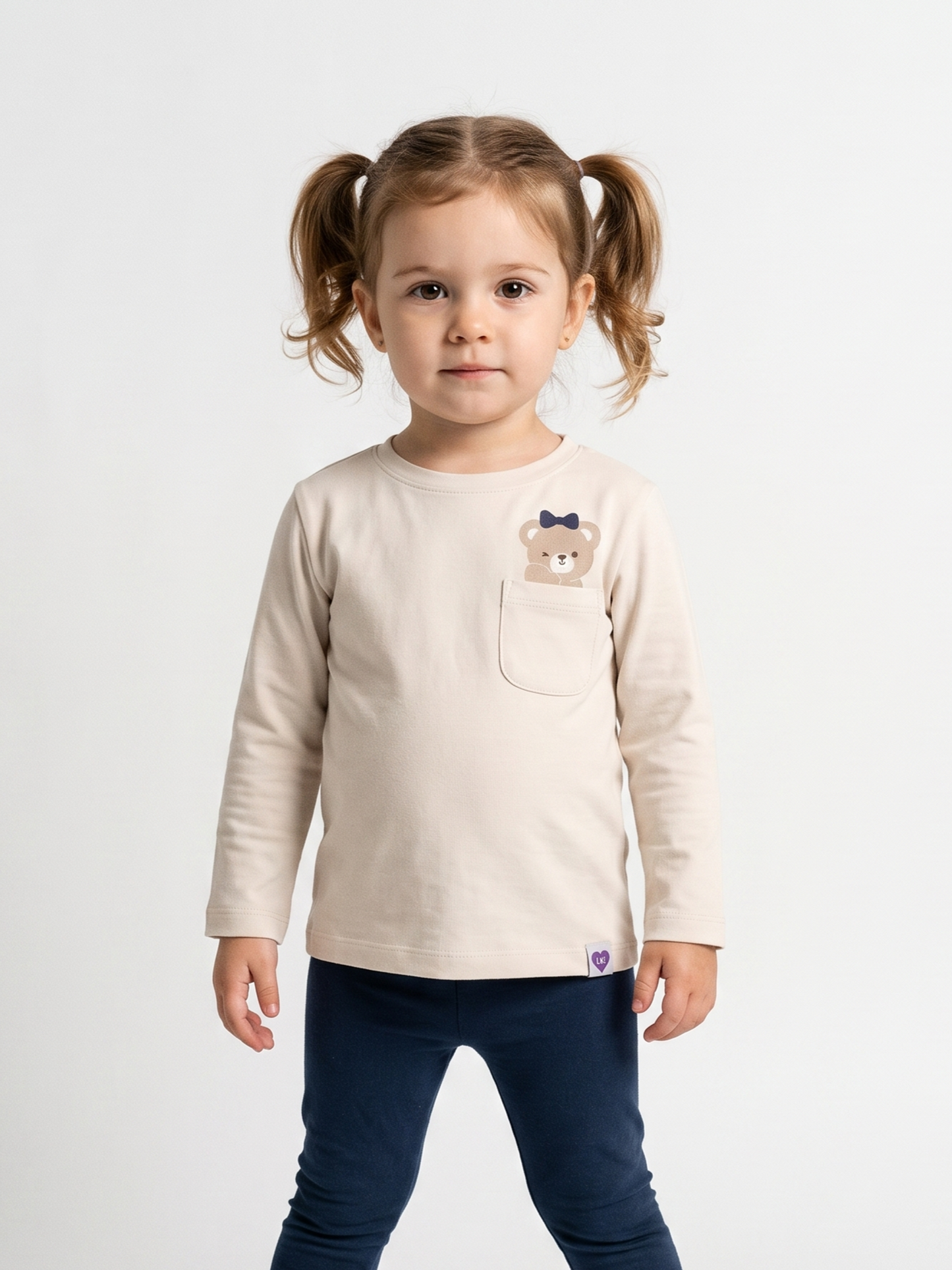White Pocket Teddy | Dívčí tričko s dlouhými rukávy