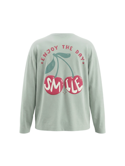 Mint Cherry Smile | Dívčí tričko s dlouhými rukávy - volný střih